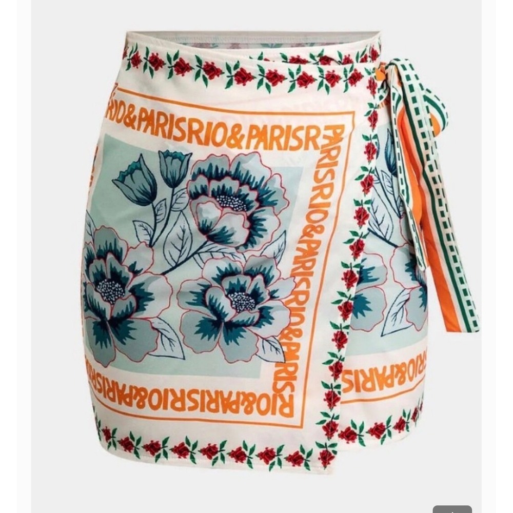 Large Paris Rio Floral Scarf Wrap Mini Skirt White Orange Large NWT y2k resort b